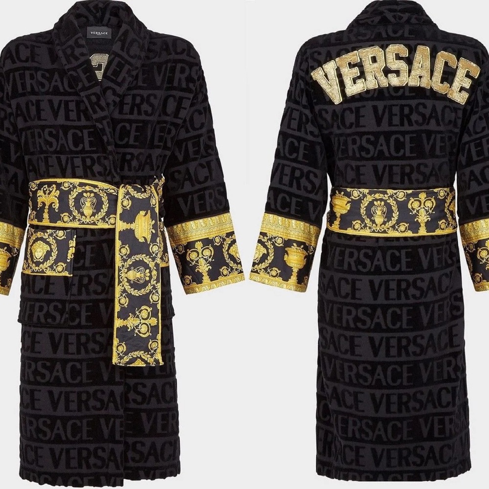 RARE Versace Embroidered Logo Baroque Medusa Bathrobe Black Unisex